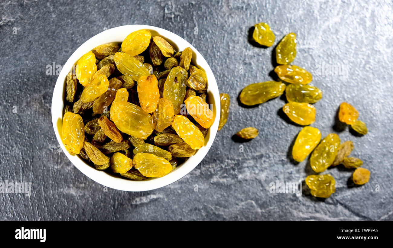 Bowl of Healthy Dried Sultanas Looking Down With No People Stock Photo