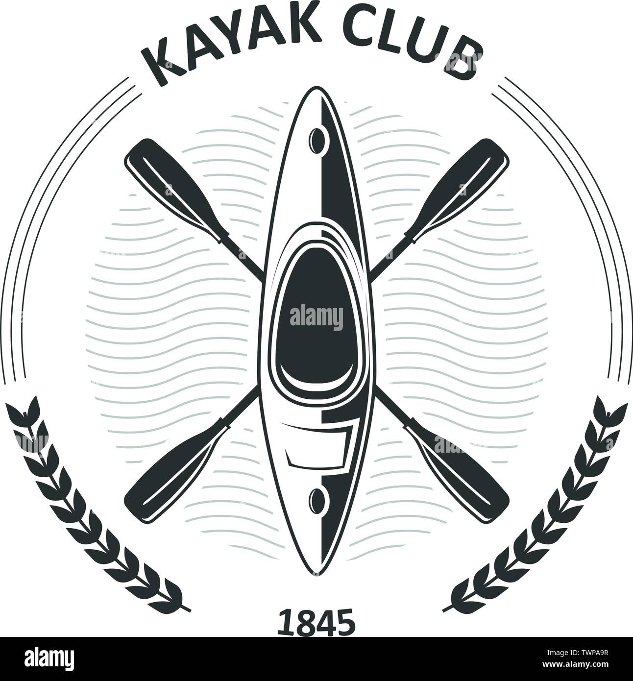 Kayaking club emblems - canoe and two crossed paddles, kayak label Stock Vector