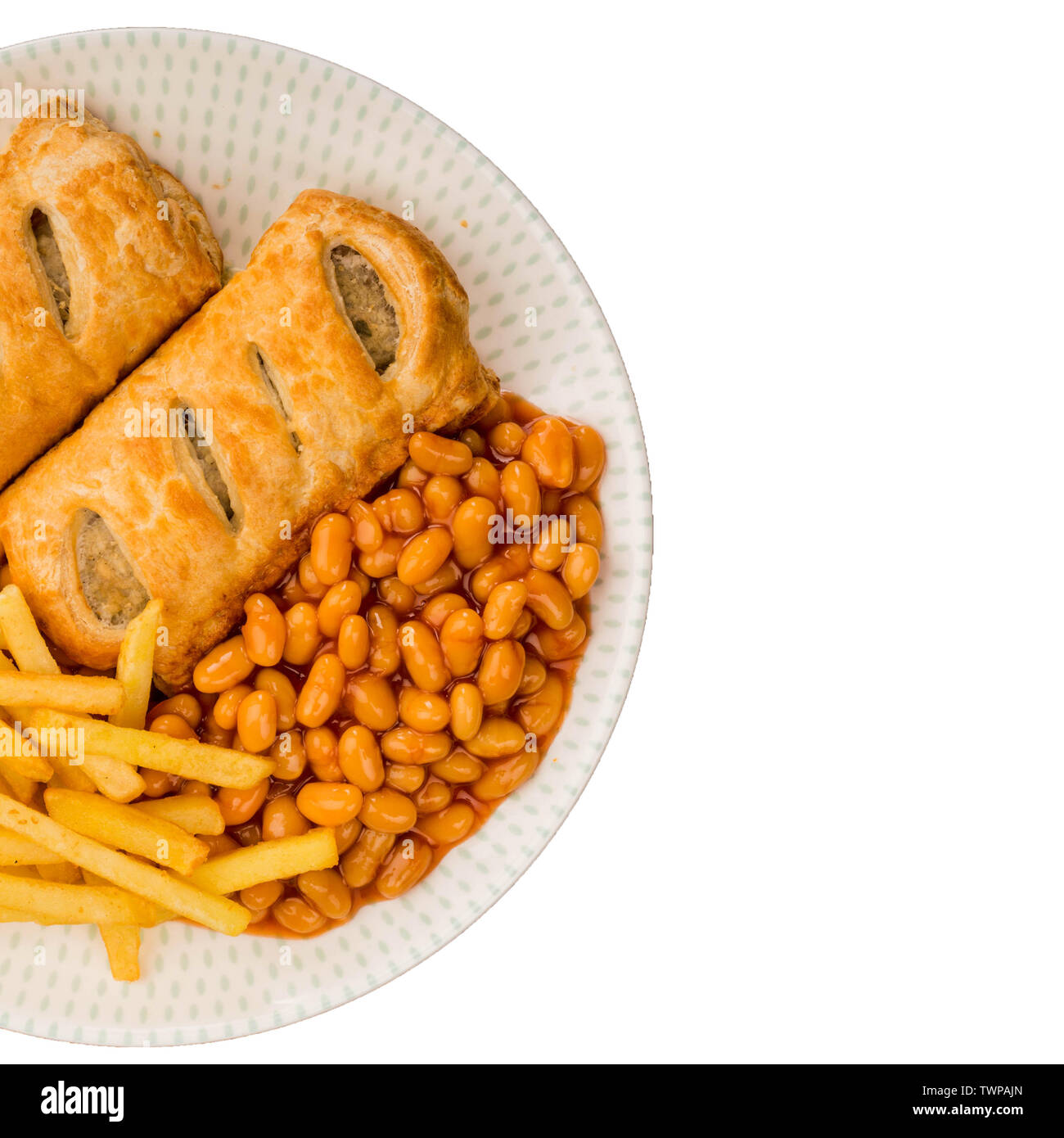 Tasty Sausage Rolls with Baked Beans and Chips Stock Photo Alamy
