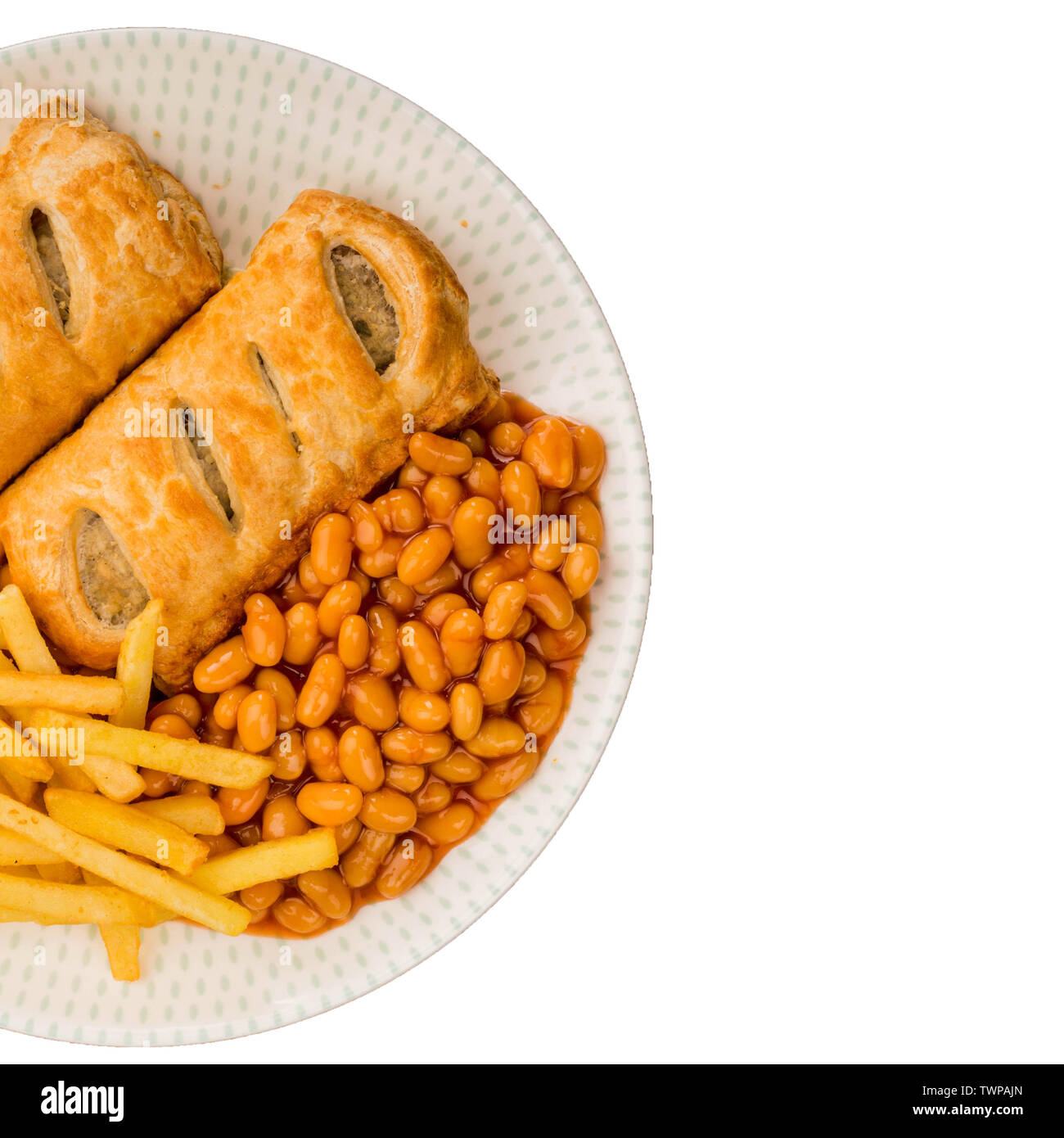 Tasty Sausage Rolls with Baked Beans and Chips Stock Photo