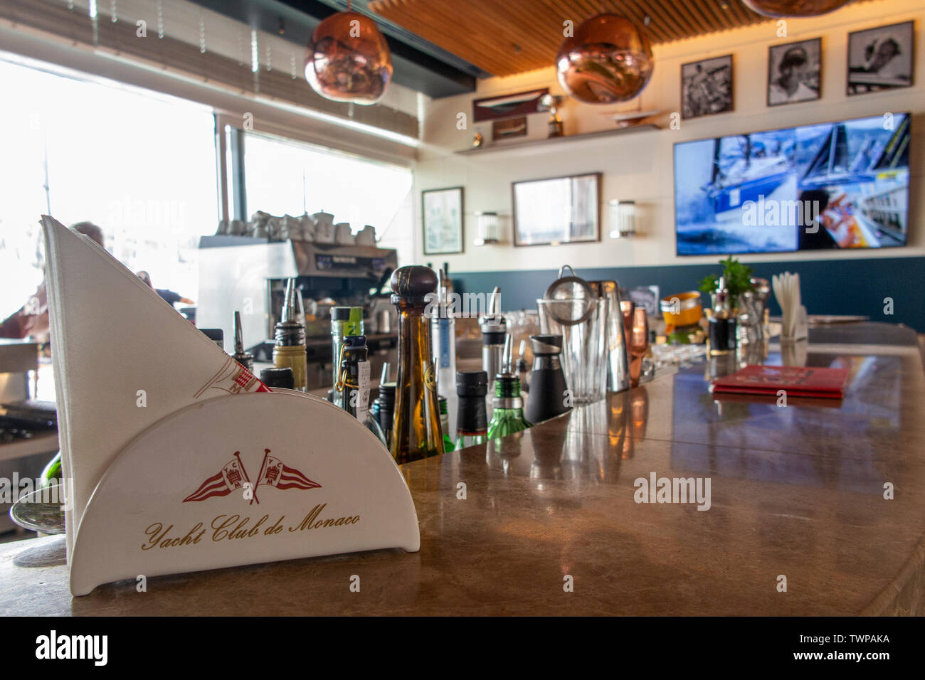 One of the  many bars in the interior of Monaco Yacht Club in Monte Carlo, designed by Sir Norman Foster Stock Photo