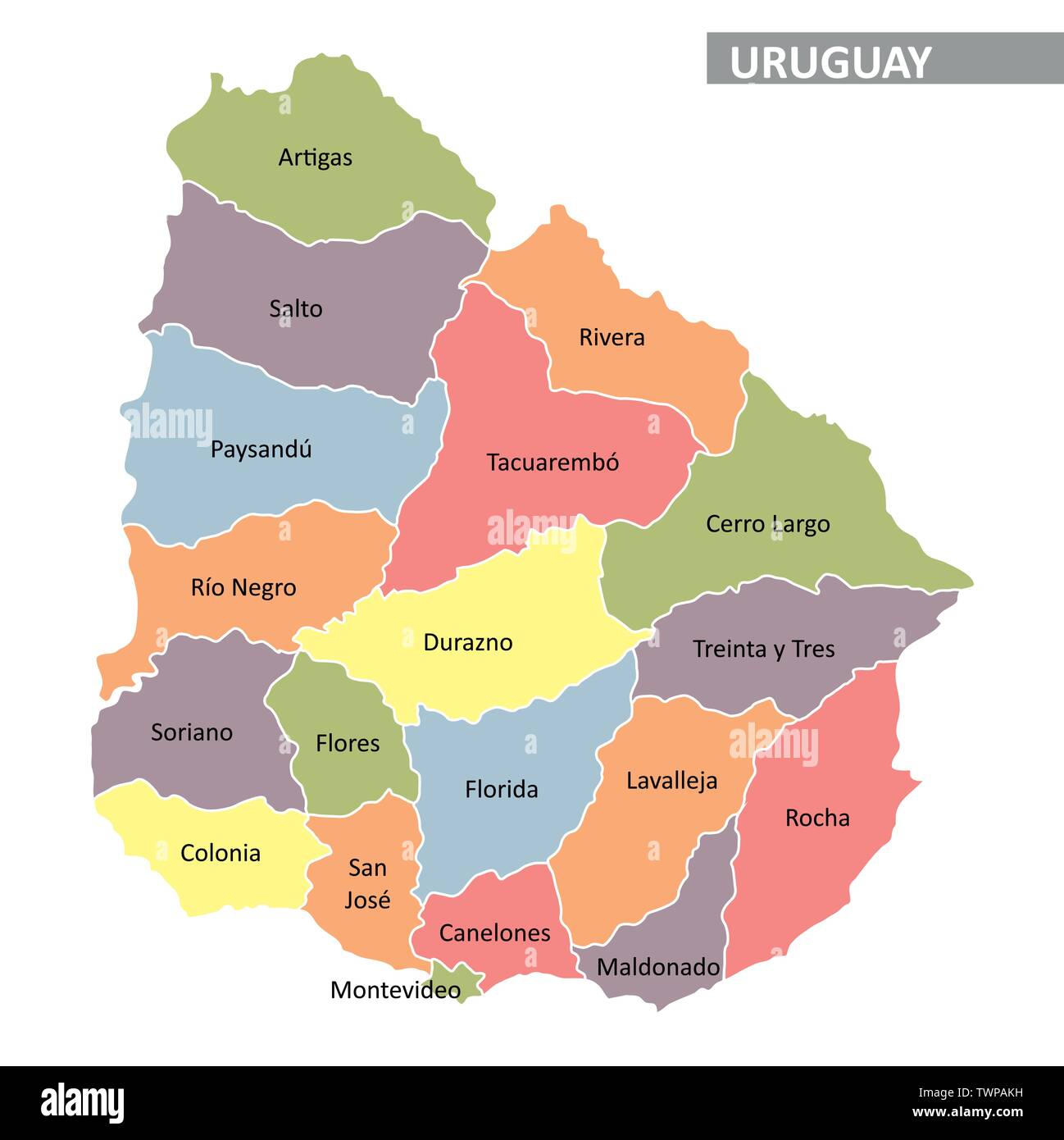 Illustration of the Uruguay map divided into regions Stock Vector