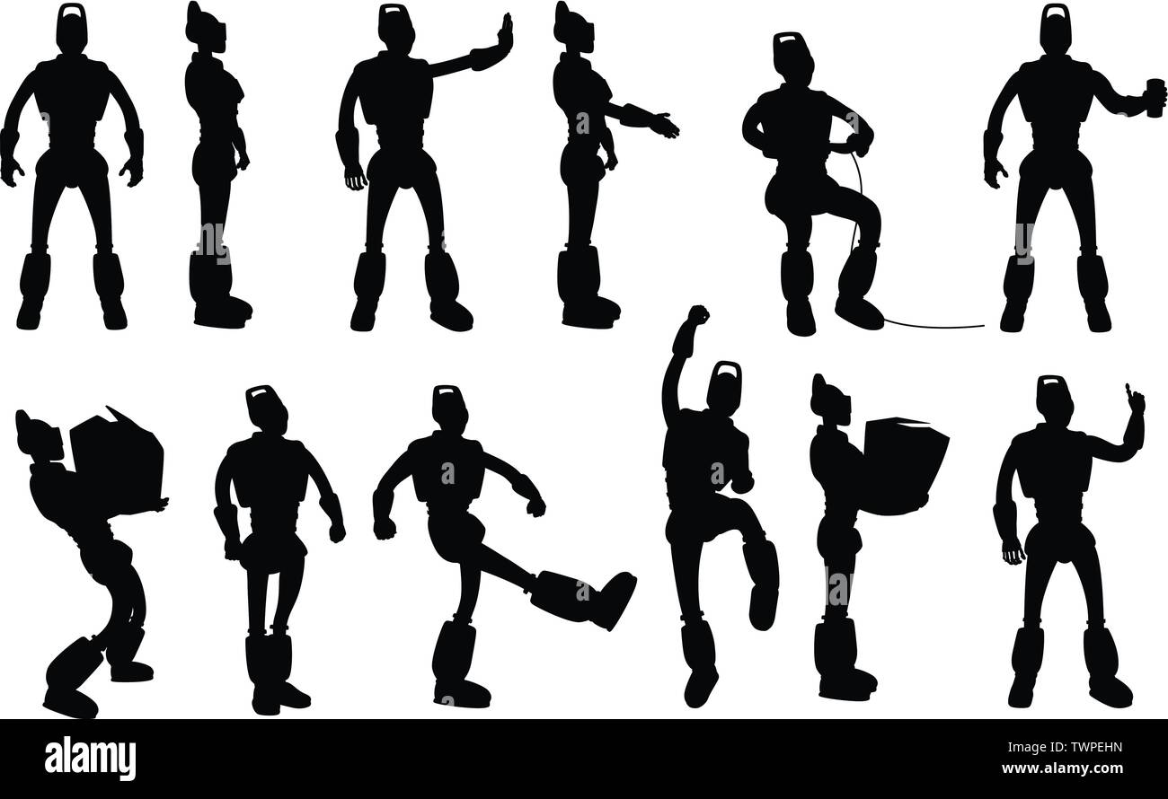 robot silhouettes set in different poses Stock Vector