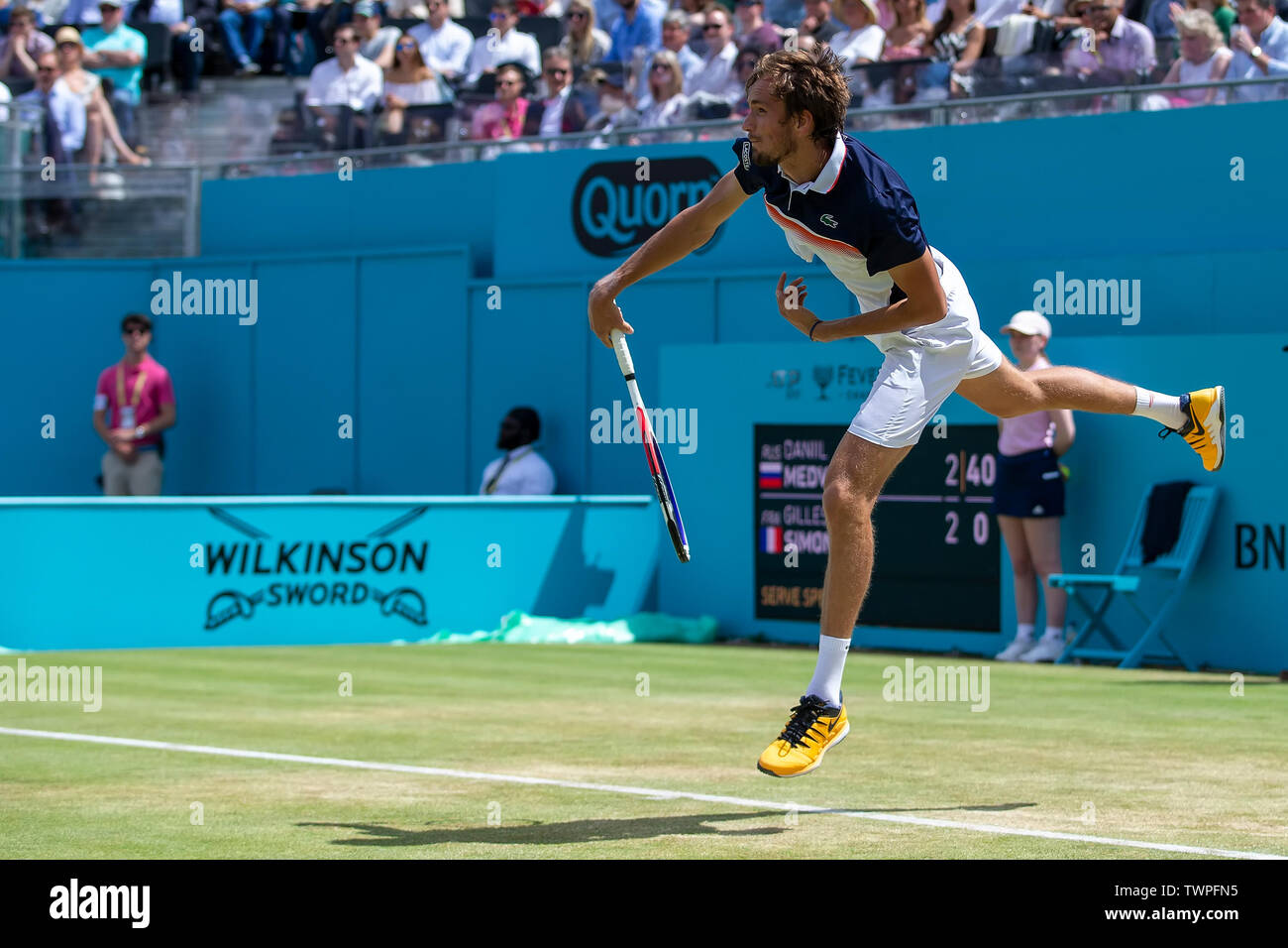 Queen Club, London, UK. 22nd June, 2019. The ATP Fever-Tree Tennis  Tournament; Daniil Medvedev (RUS) serves to Gilles Simon (FRA) Credit:  Action Plus Sports/Alamy Live News Stock Photo - Alamy