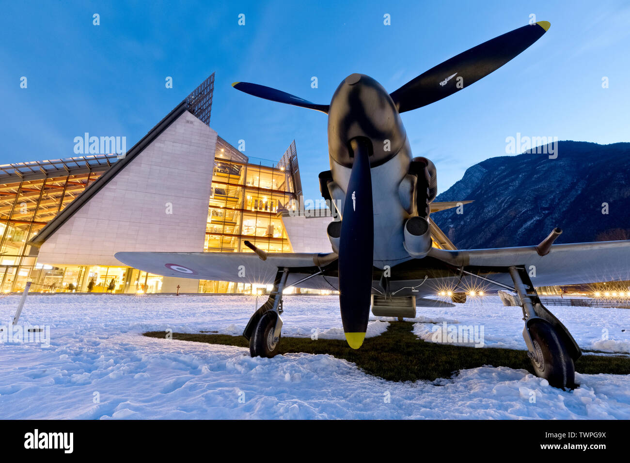 The Aermacchi 205 airplane and the Science Museum MUSE in Trento. Trentino Alto-Adige, Italy, Europe. Stock Photo