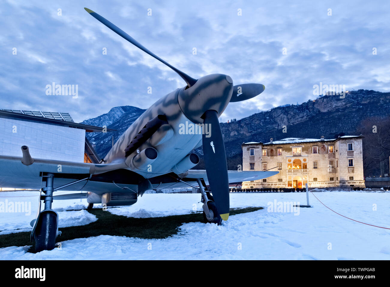 The Aermacchi 205 airplane and the Albere Palace in Trento. Trentino Alto-Adige, Italy, Europe. Stock Photo