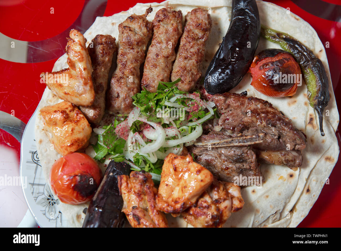 Chopped onion. Sumax. Lullaby in Sheet, Strawberry, Chicken Kebab