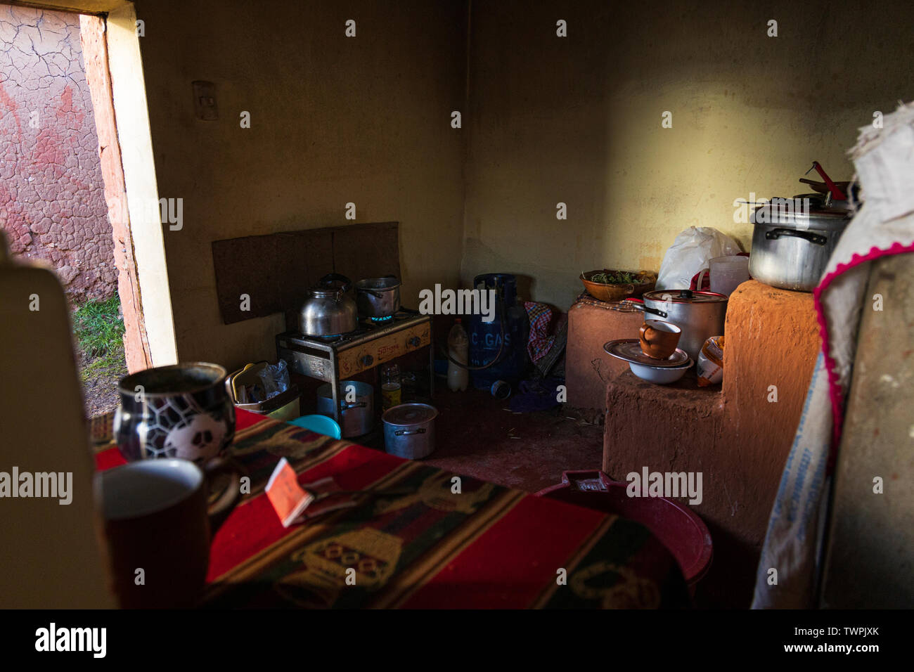 Basic kitchen and stove in Luquina Chico, Lake Titicaca, Peru, South America Stock Photo
