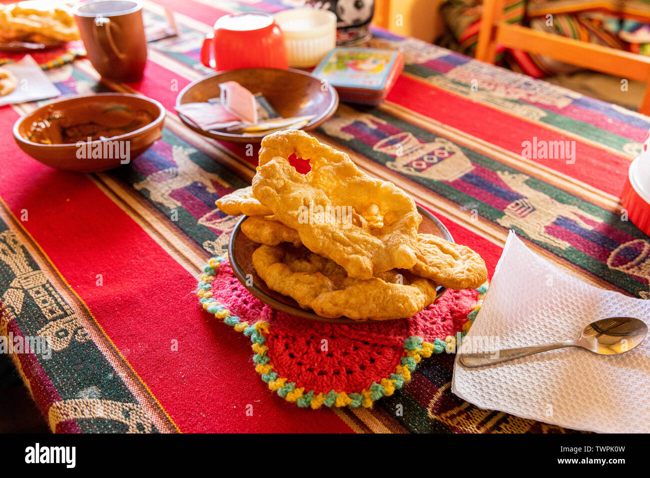 Fried bread for breakfast, Luquina Chico, Lake Titicaca, Peru, South
