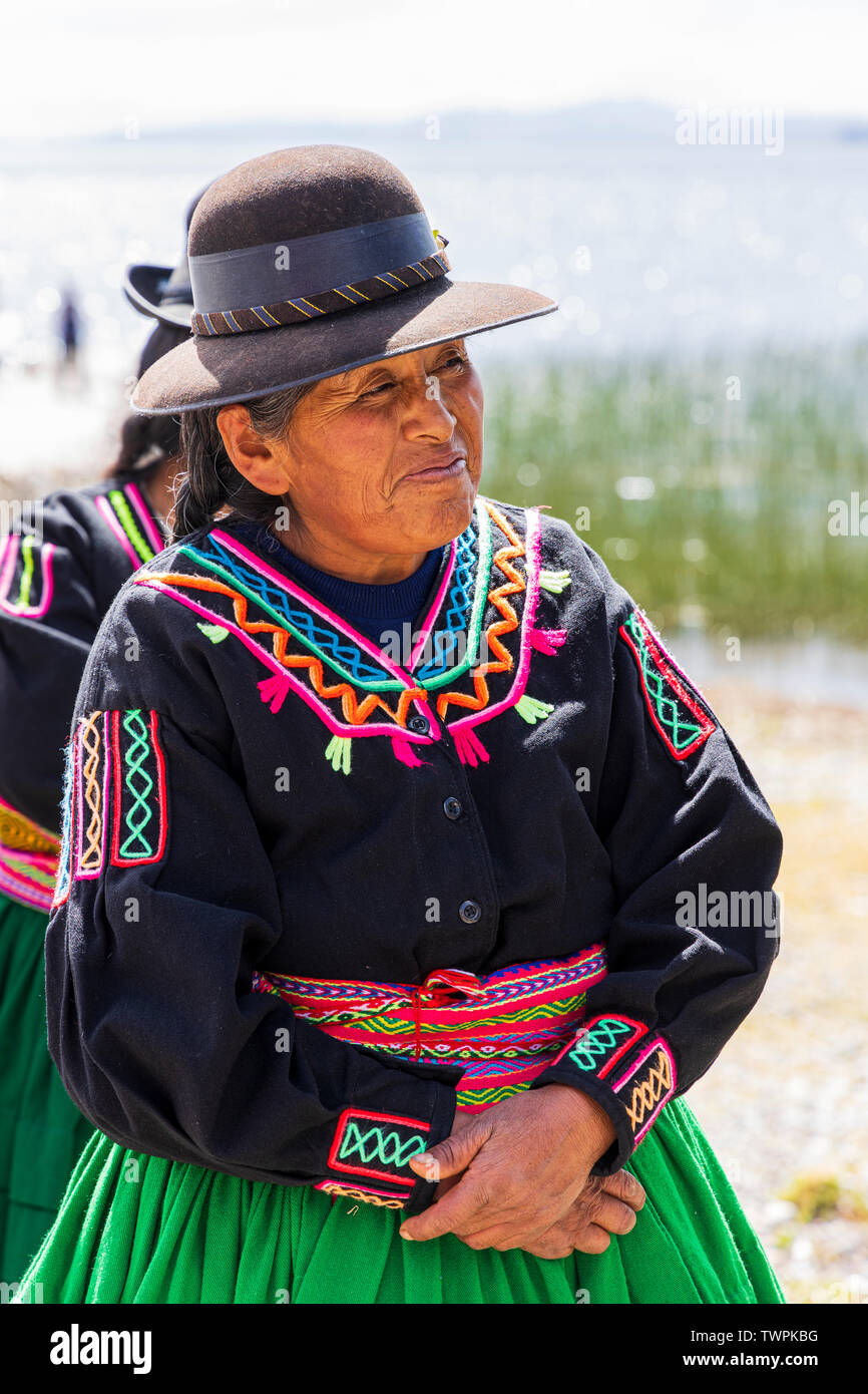 Smiling older Quechua woman in Luquina Chico, Lake Titicaca, Peru, South America Stock Photo