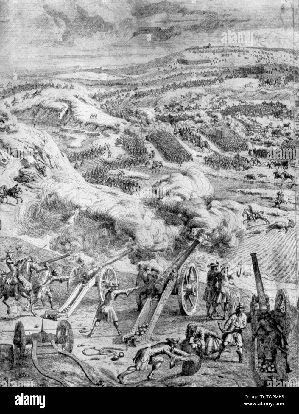 'Artillery of King William III in Action at the Boyne, 1st July 1690'. By Theodor Mass. The Battle of the Boyne was fought between the two rival claimants of the English, Scottish, and Irish thrones; the Catholic King James II (1633-1701) and the Protestant King William III (1650-1702). The battle took place across the River Boyne near Drogheda on the east coast of Ireland and was won by King William III. Stock Photo