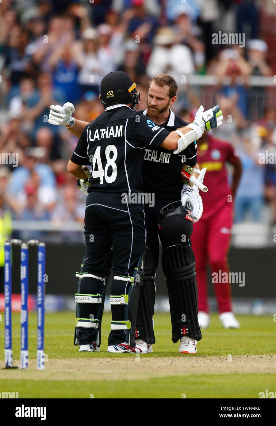 June 22nd 2019, Old Trafford, Manchester, England; ICC World Cup cricket, West Indies versus New Zealand; New Zealand captain Kane Williamson is congratulated by Tom Latham as he reaches his century Stock Photo