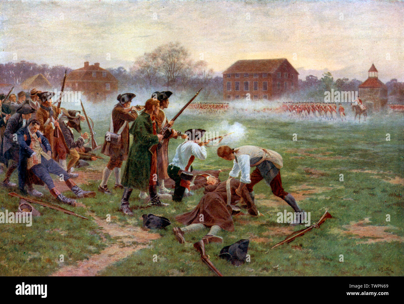 'The First Fight for Independence, Lexington Common, April 19th, 1775' (1910). By William Barnes Wollen (1857-1936). The Battles of Lexington and Concord were the first military engagements of the American Revolutionary War. Stock Photo