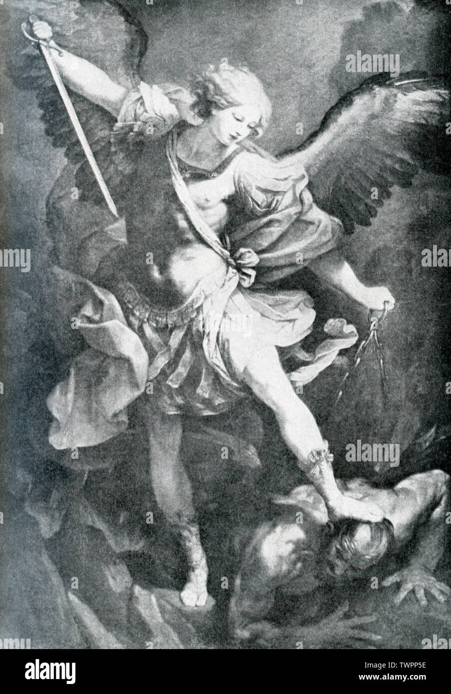 This painting is titled “St Michael Archangel” and shows the Christian saint Michael trampling a dragon. It was painted by the italian artist Guido Reni in 1636, at the request of Pope Urban VIII for the Church of Santa Maria della Concezione del Cappuccini in Rome. Stock Photo