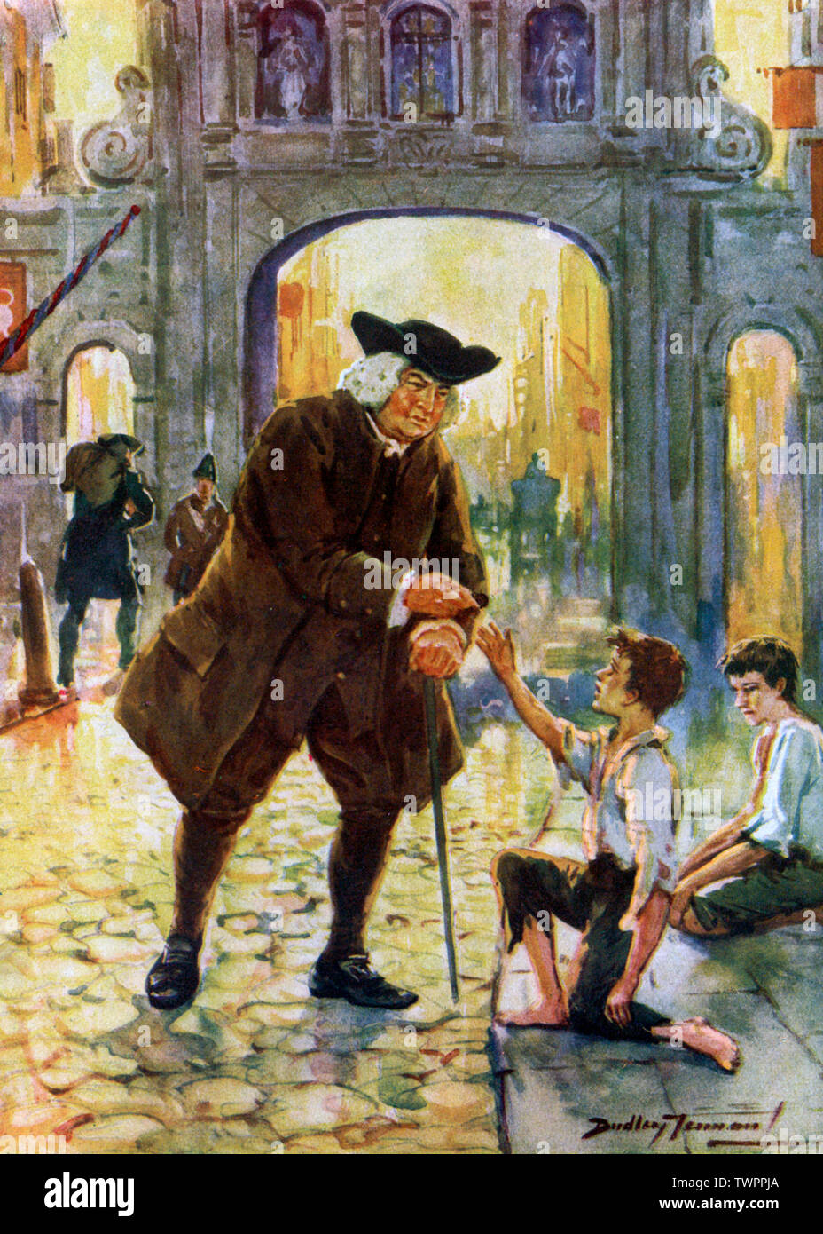 Dr Johnson giving money to impoverished children by Temple Bar Gate, London. By Dudley Tennant (1867-1952). Samuel Johnson (1709-1784), often referred to as Dr Johnson, was an English writer who made lasting contributions to English literature as a poet, playwright, essayist, moralist, literary critic, biographer, editor and lexicographer. Stock Photo