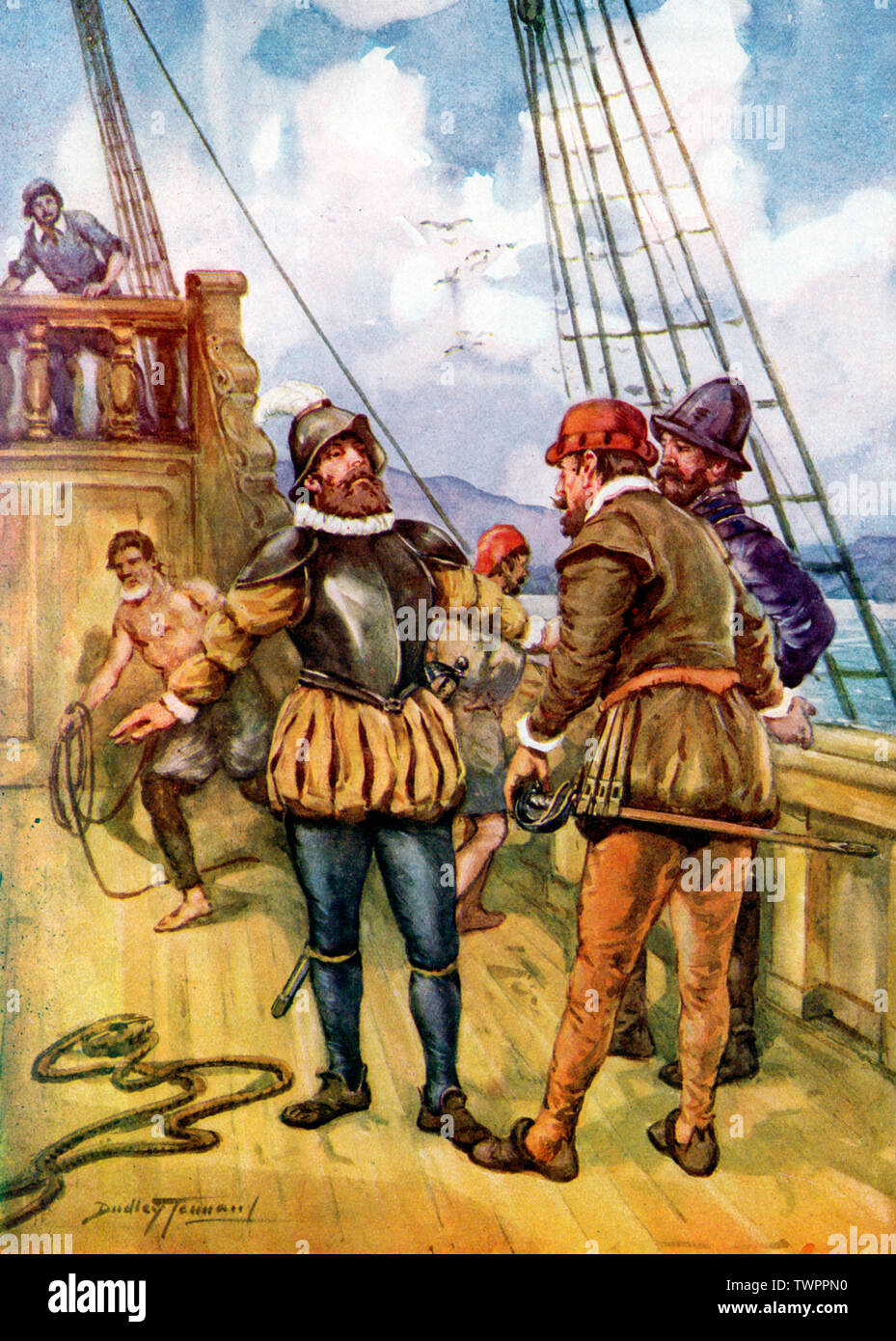 Fernando de Magellan (Ferdinand Magellan) leaving Spain, 20th September 1519, on the expedition that would become the first ever circumnavigation of the globe. By Dudley Tennant (1867-1952). The goal of the expedition was to find a western route to the Moluccas (Spice Islands) and trade for spices. Magellan sailed across the Atlantic, and discovered the strait that now bears his name, allowing him to pass through the southern tip of South America into the Pacific Ocean (which he named). The fleet performed the first ever crossing of the Pacific and eventually reached the Moluccas. A much-deple Stock Photo