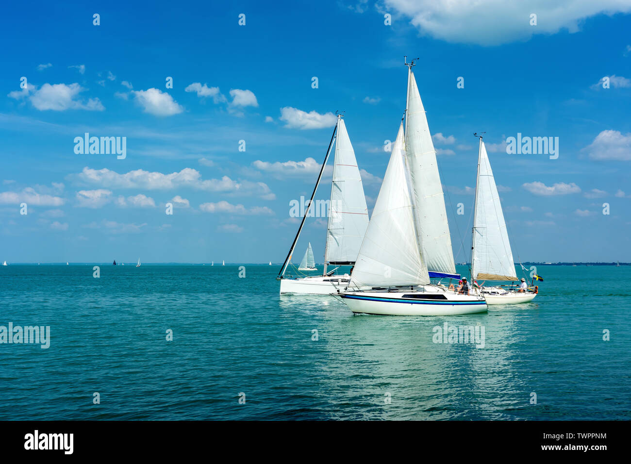 Sail Boats on the blue Lake Balaton Hungary unrecognisable Stock Photo