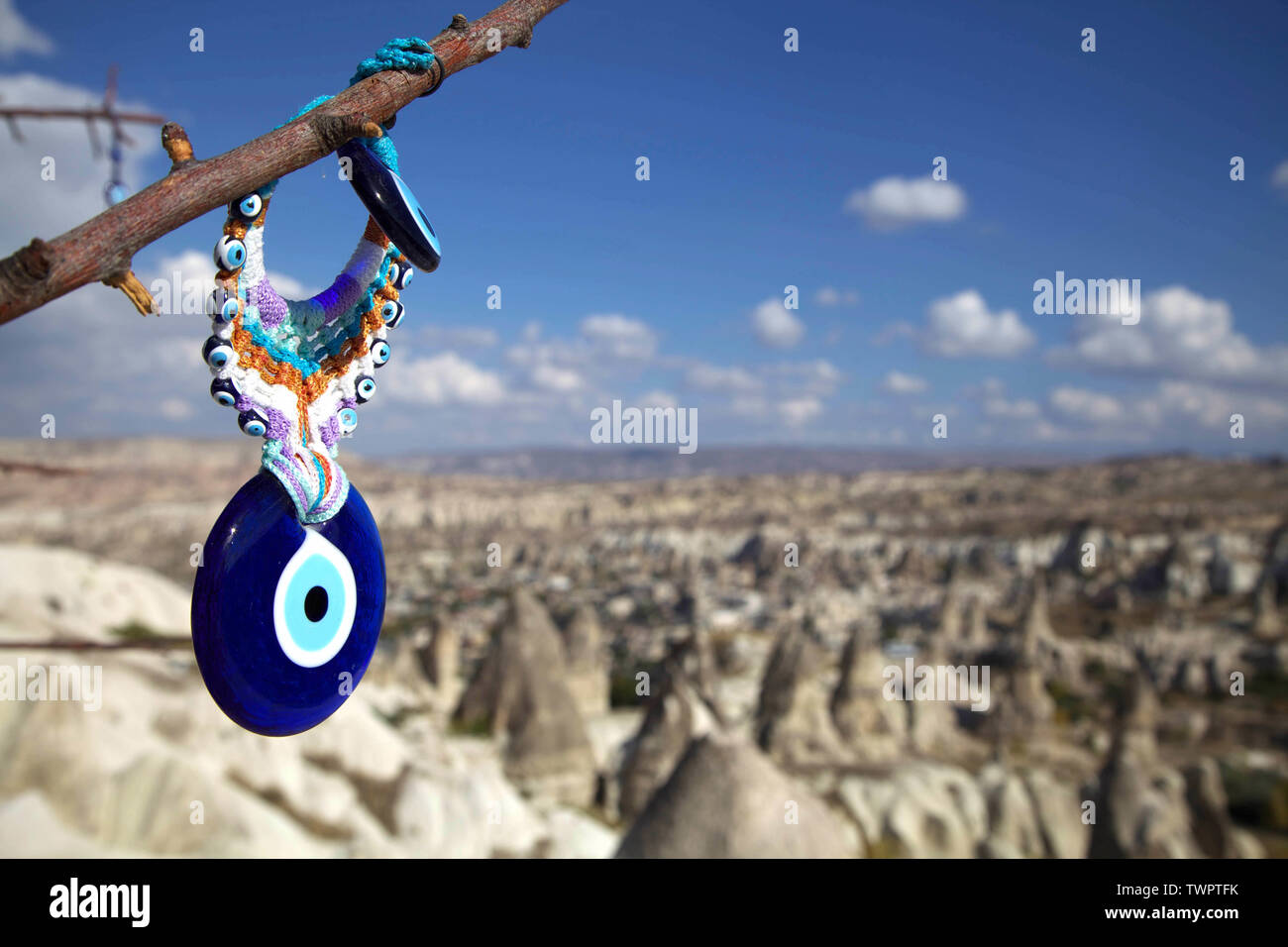 Traditional Turkish Evil eye beads as amulet souvenir also known nazar boncugu, Cappadocia, Turkey. Stock Photo