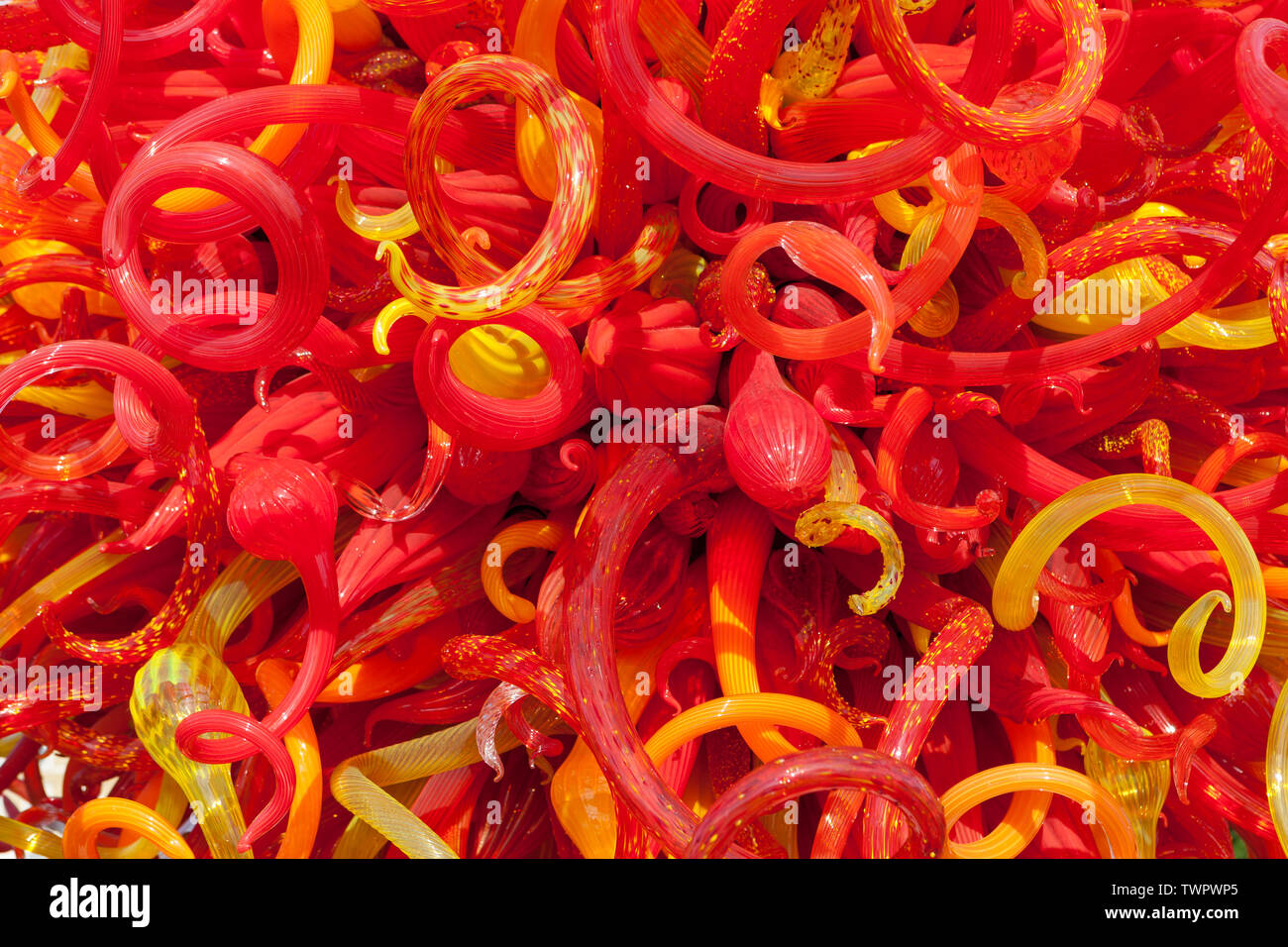 Detail of Summer Sun, a glass sculpture by contemporary USA artist Dale Chihuly, located in The Pond at Kew Gardens, Richmond, London, UK. Stock Photo