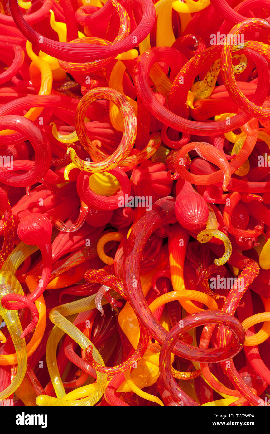 Detail of Summer Sun, a glass sculpture by contemporary USA artist Dale Chihuly, located in The Pond at Kew Gardens, Richmond, London, UK. Stock Photo