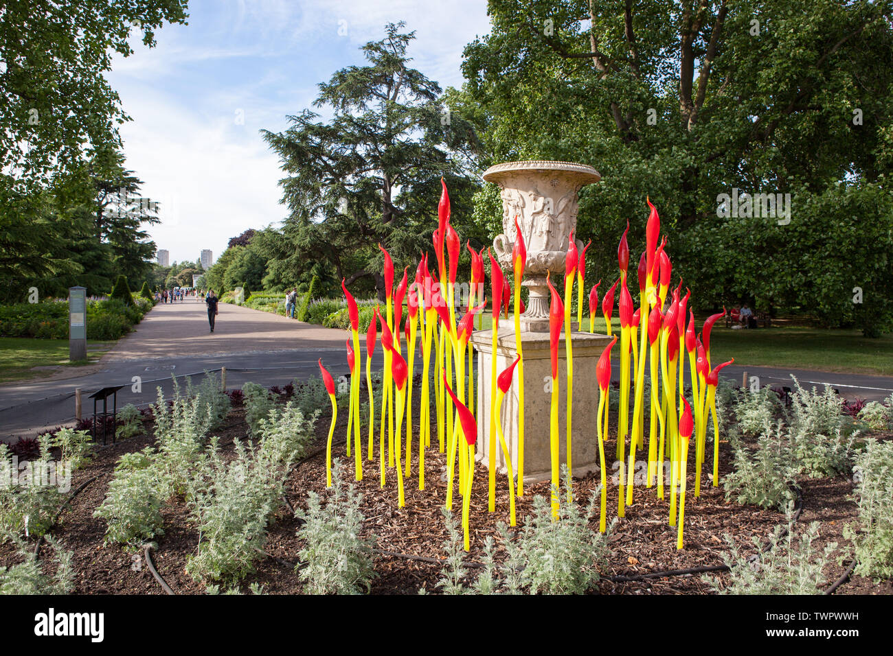 Paintbrushes is a glass sculpture by contemporary USA artist Dale Chihuly, located at the end of the Great Broad Walk in Kew Gardens, Richmond, London. Stock Photo