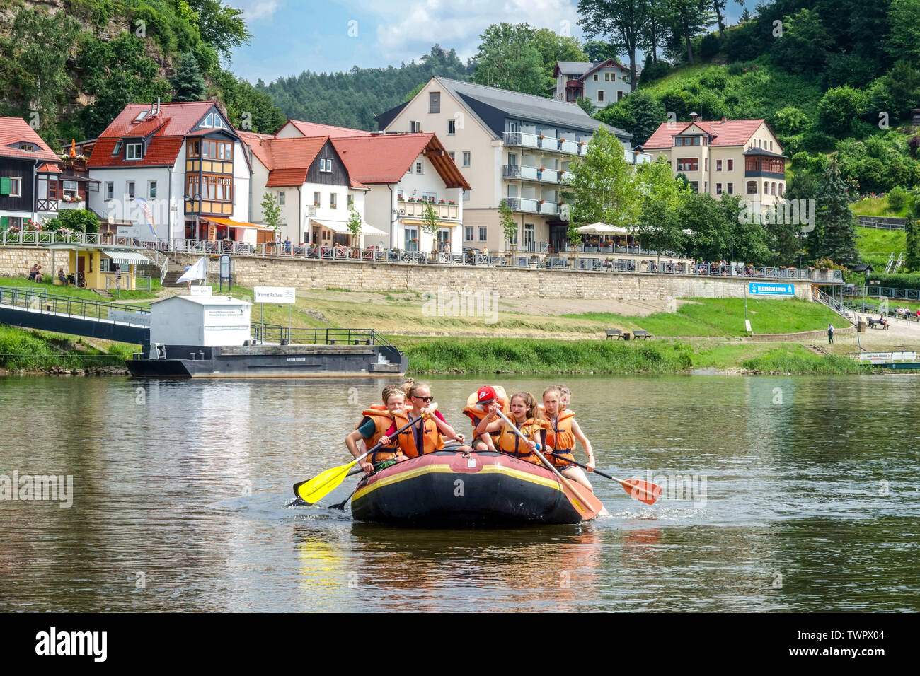 People rafting Elbe river, Kurort Rathen, Saxon Switzerland, Saxony, Germany Stock Photo