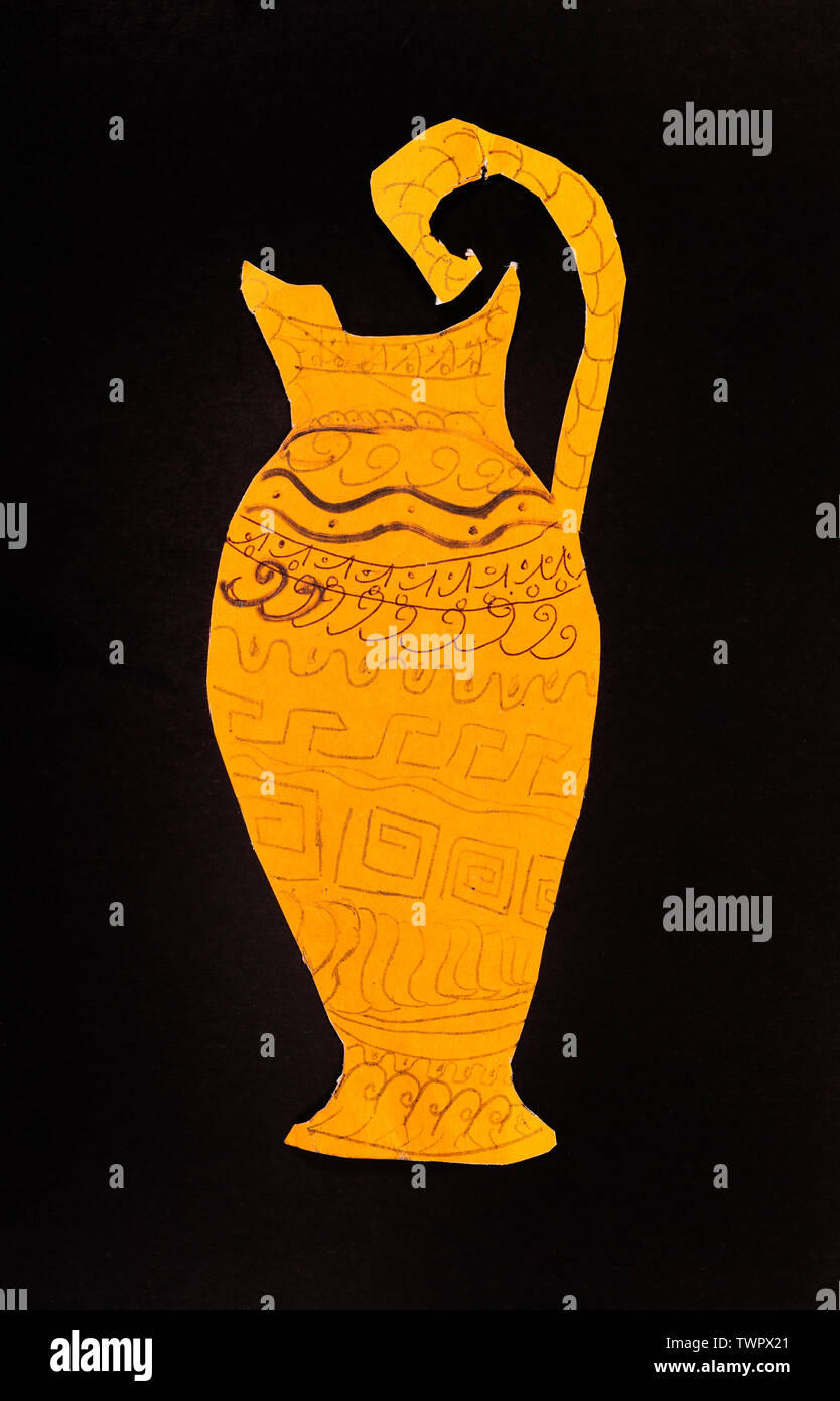 handmade collage - ancient greek jar cut out from yellow paper on black paper background Stock Photo