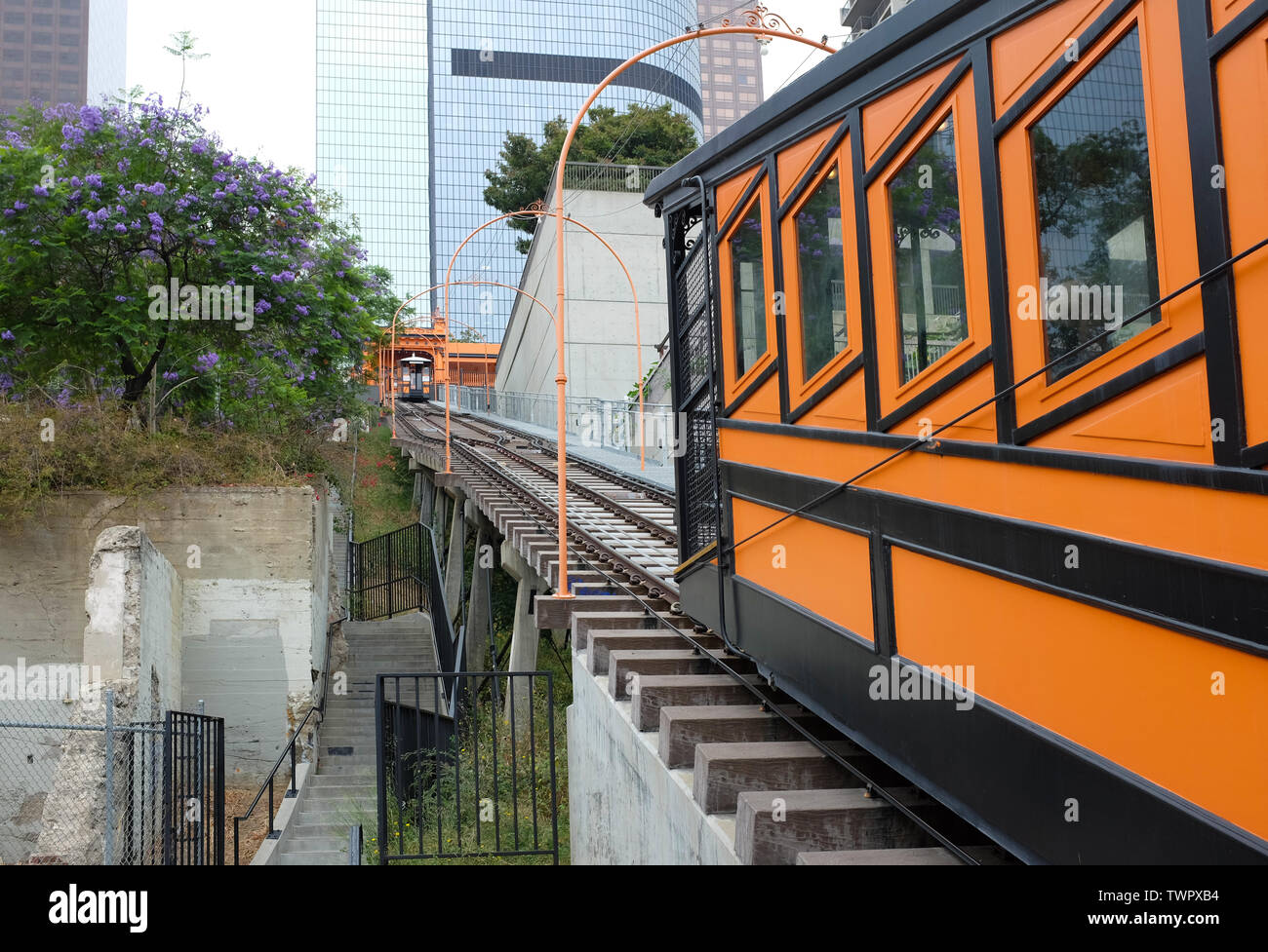 LOS ANGELES - CALIFORNIA: JUNE 18, 2019: Horizontal closeup of Angels Flight, a landmark narrow gauge funicular railway in the Bunker Hill district of Stock Photo