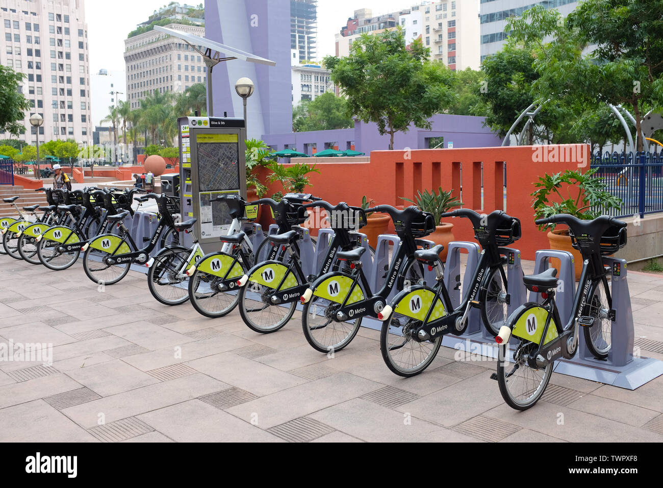 LOS ANGELES - CALIFORNIA: JUNE 18, 2019: A Metro Bike station in Pershing Square in downtown Los Angeles, administered by the Los Angeles County Metro Stock Photo