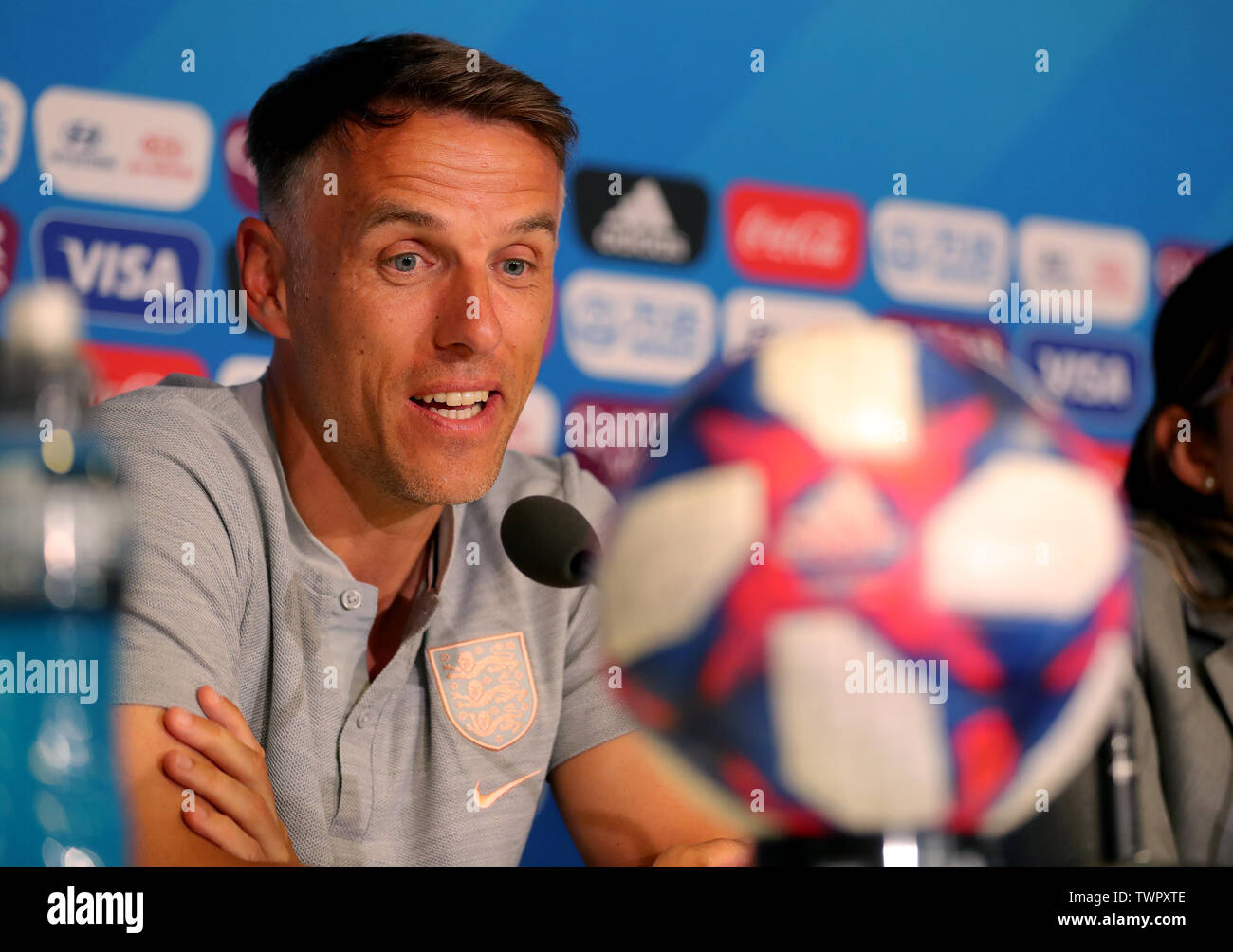 England head coach Phil Neville during the press conference at the Stade du Hainaut, Valenciennes. Stock Photo