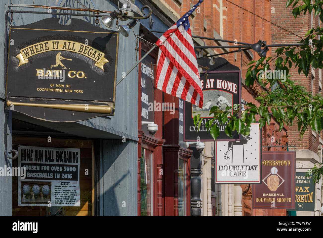 Baseball-related businesses dominate Main Street, Cooperstown, New York, USA. Stock Photo