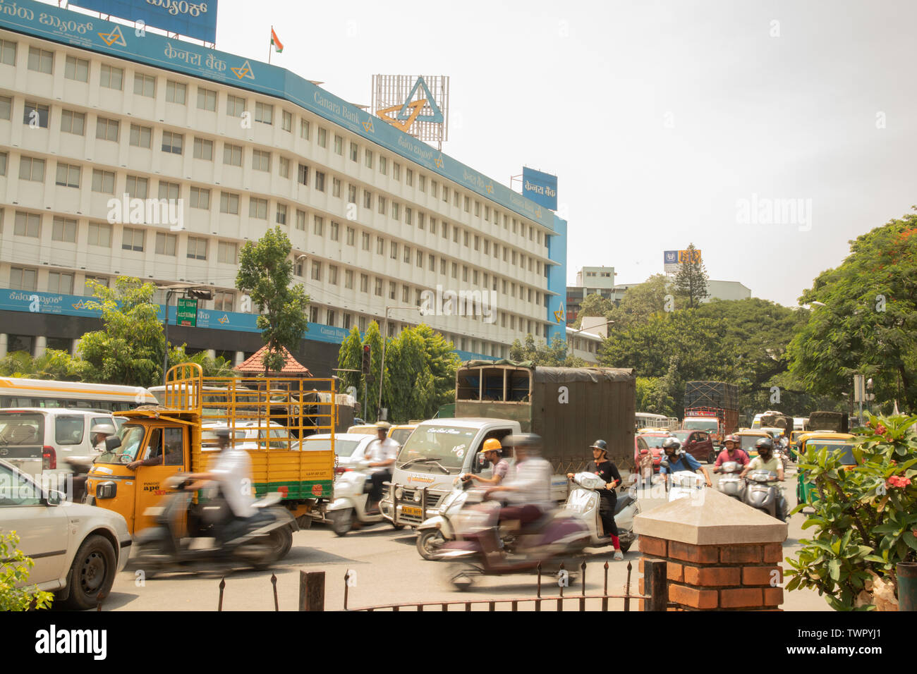 Bangalore, Karnataka India-June 04 2019 : Traffic Jam at Canara bank near Town Hall Circle Bangalore, India. Stock Photo