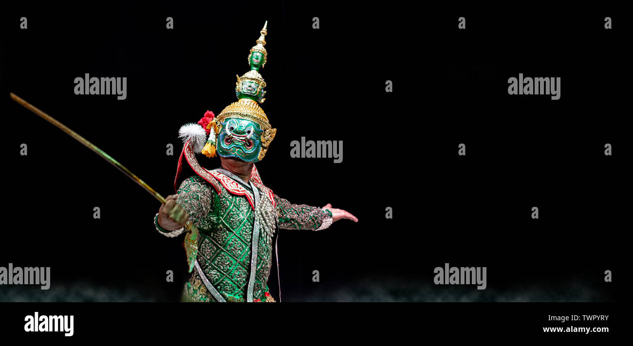 15 May 2019,Bangkok,Thailand.Giant actor in ramayana story performance on dark background with smoke banner size. Asia royal art show on Stock Photo