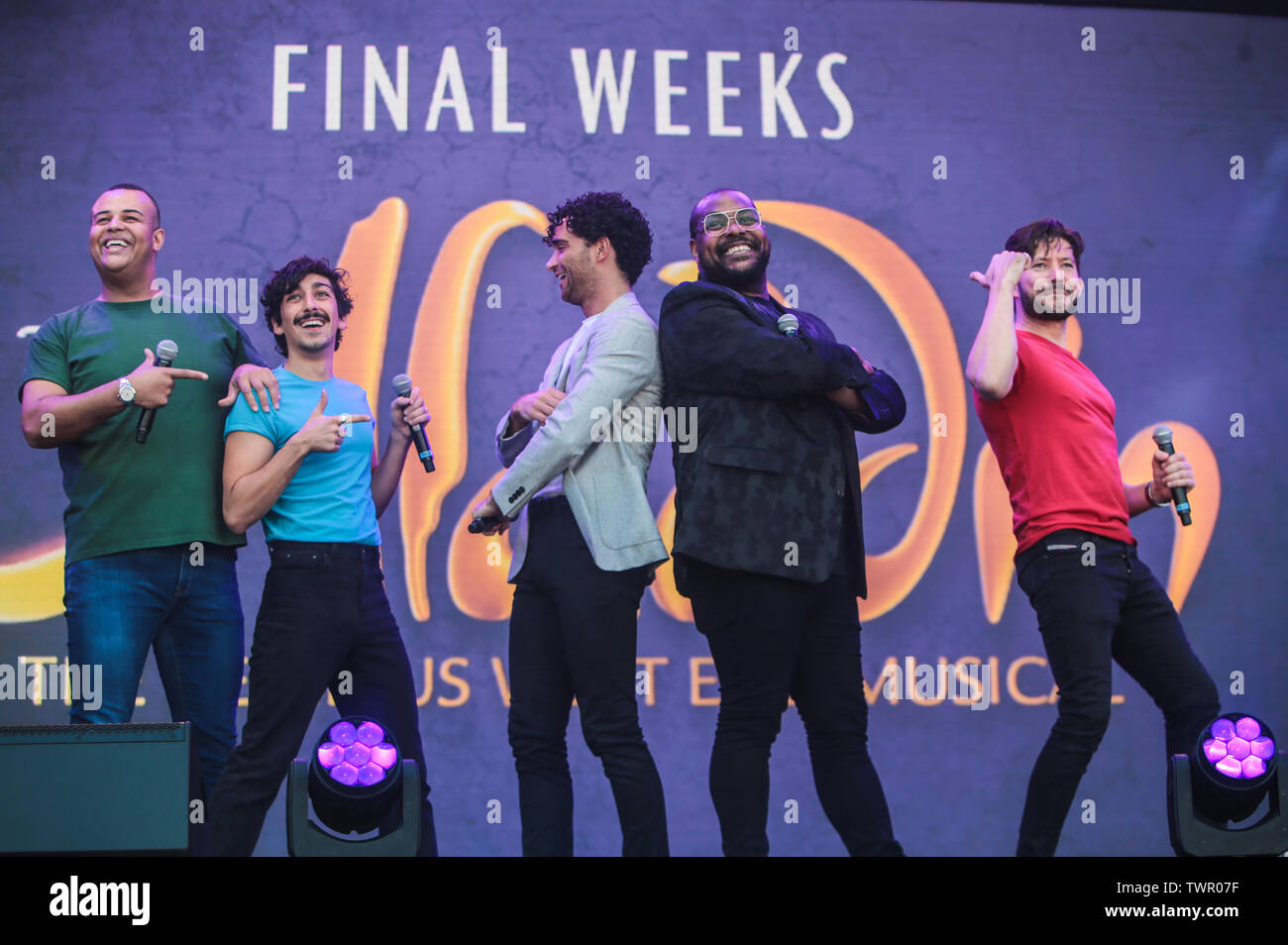 London, UK. 22 June 2019 West End Live the musicals in Trafalgar Square  ,the cast of Disney's AladdinThe Musical performing live infront of  thousands of people who come to enjoy the sunshine