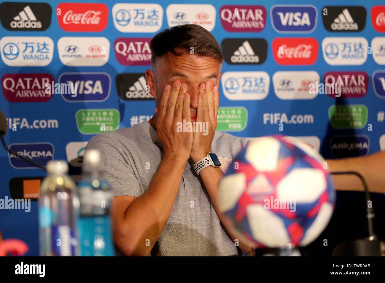 England head coach Phil Neville during the press conference at the Stade du Hainaut, Valenciennes. Stock Photo