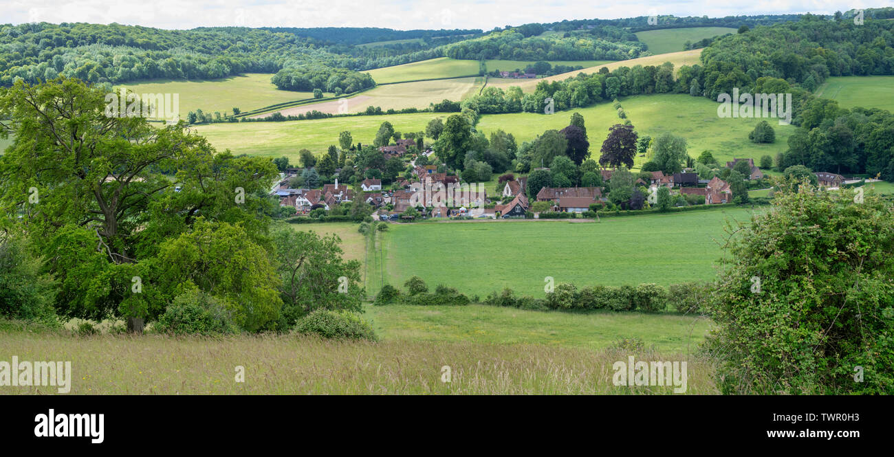 Turville village in the chiltern hills. Buckinghamshire, England. Panoramic Stock Photo