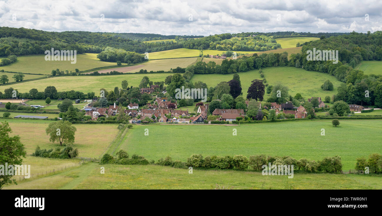 Turville village in the chiltern hills. Buckinghamshire, England. Panoramic Stock Photo