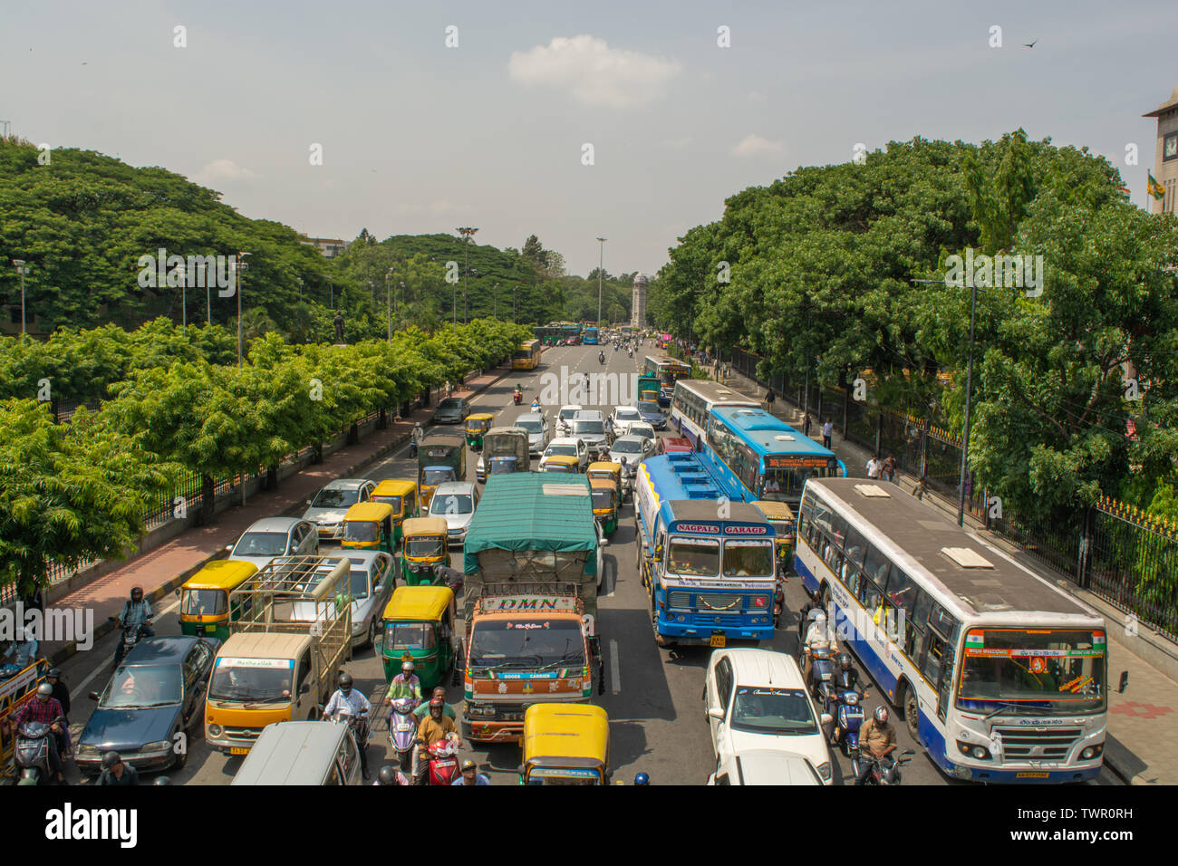 Bangalore, Karnataka India-June 04 2019 : Aerial View of five lane highway road with waiting vehicles near BBMP Bengaluru Office, Karnataka Stock Photo