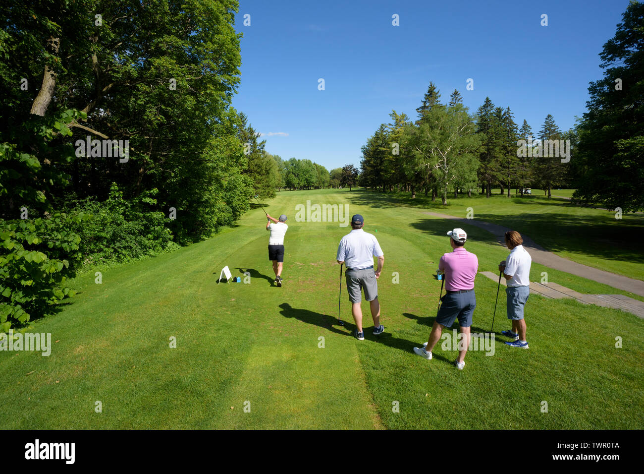 Foursome teeing off on a Canadian golf course. Stock Photo