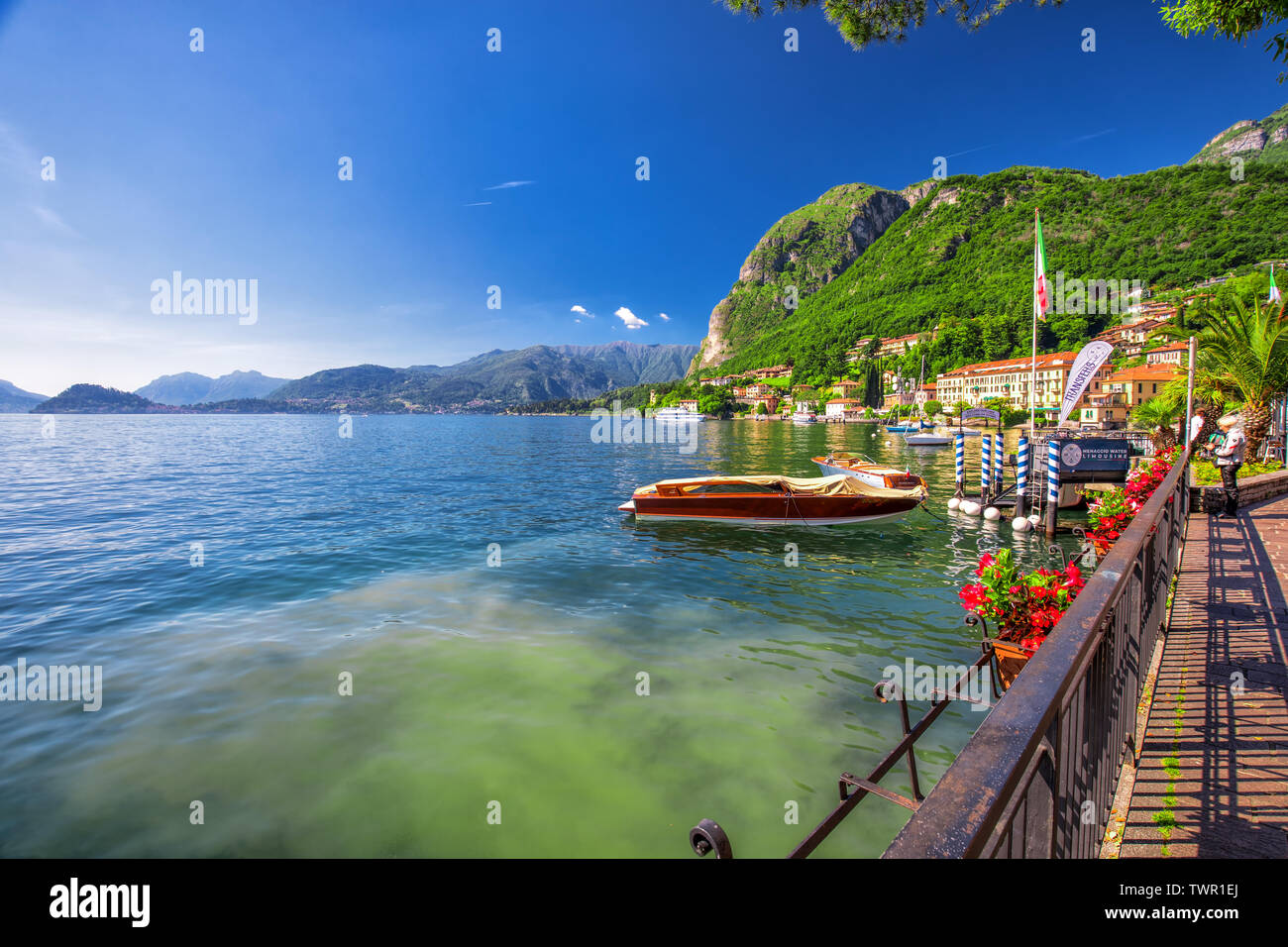 Menaggio old town on the Lake Como with the mountains in the background, Lombardy, Italy, Europe. Stock Photo