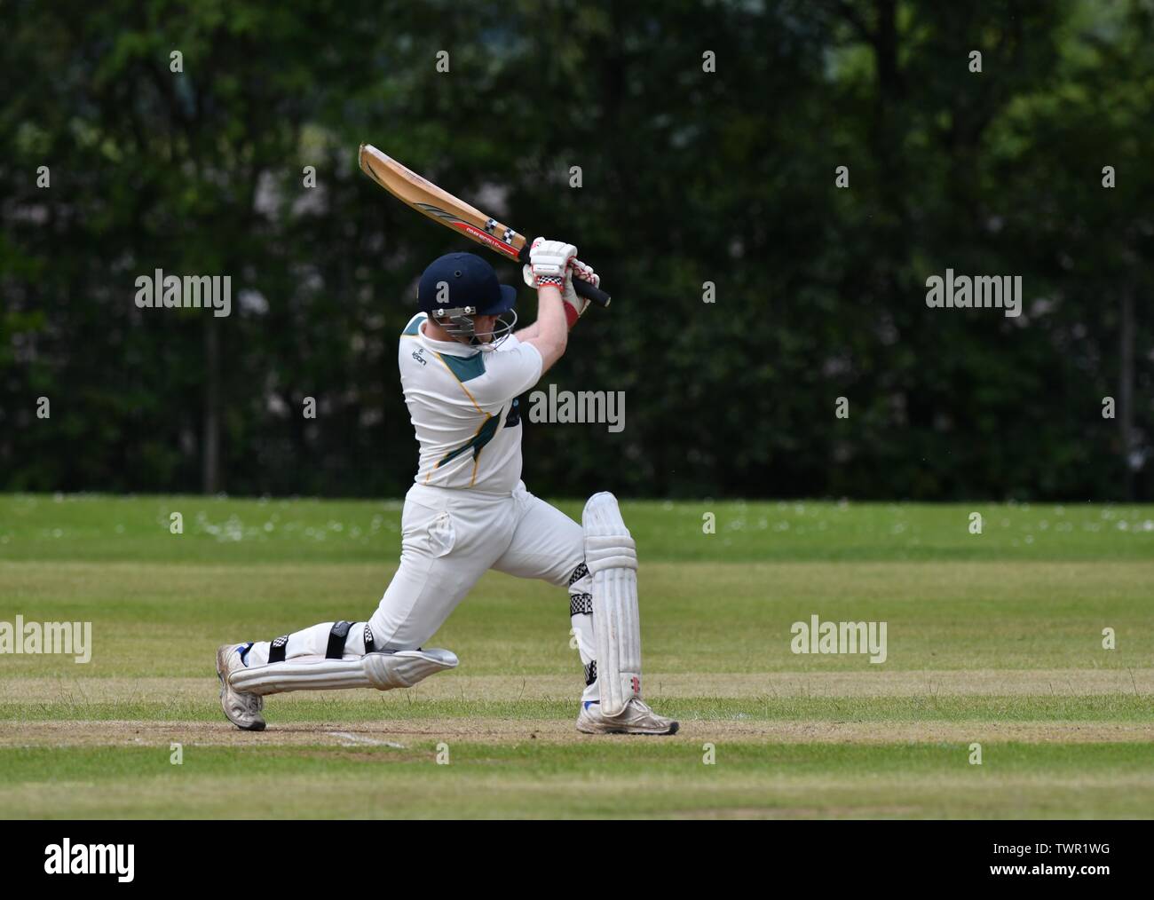 Stalybridge St Paul's batsman in action in the match against Hadfield St Andrew's. Stock Photo
