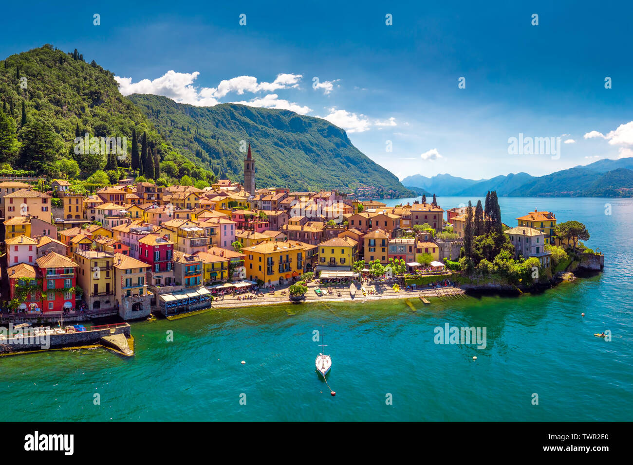 Aerial view of Varena old town on Lake Como with the mountains in the background, Italy, Europe. Stock Photo