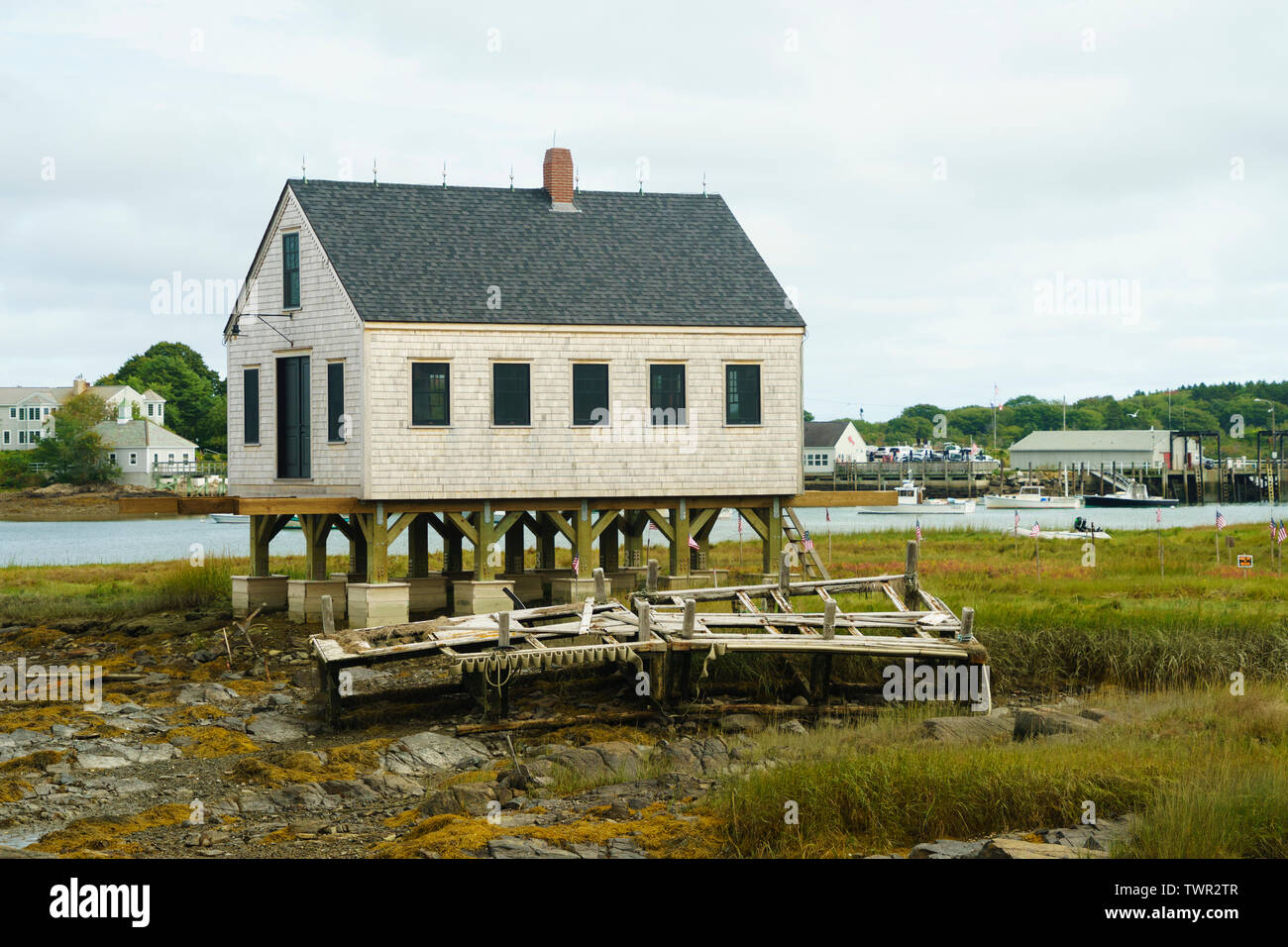 Waterfront stilt house in Cape Porpoise, Maine, USA. Stock Photo