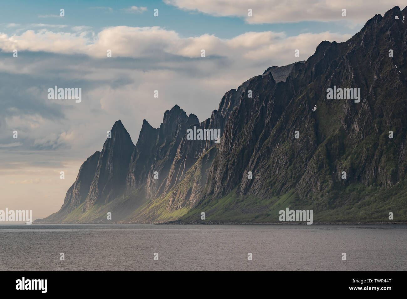 Popular with landscape photographers, The Devils Jaw, or Tungeneset, is an iconic and beautiful landmark of the northern Norwegian island of Senja. Stock Photo