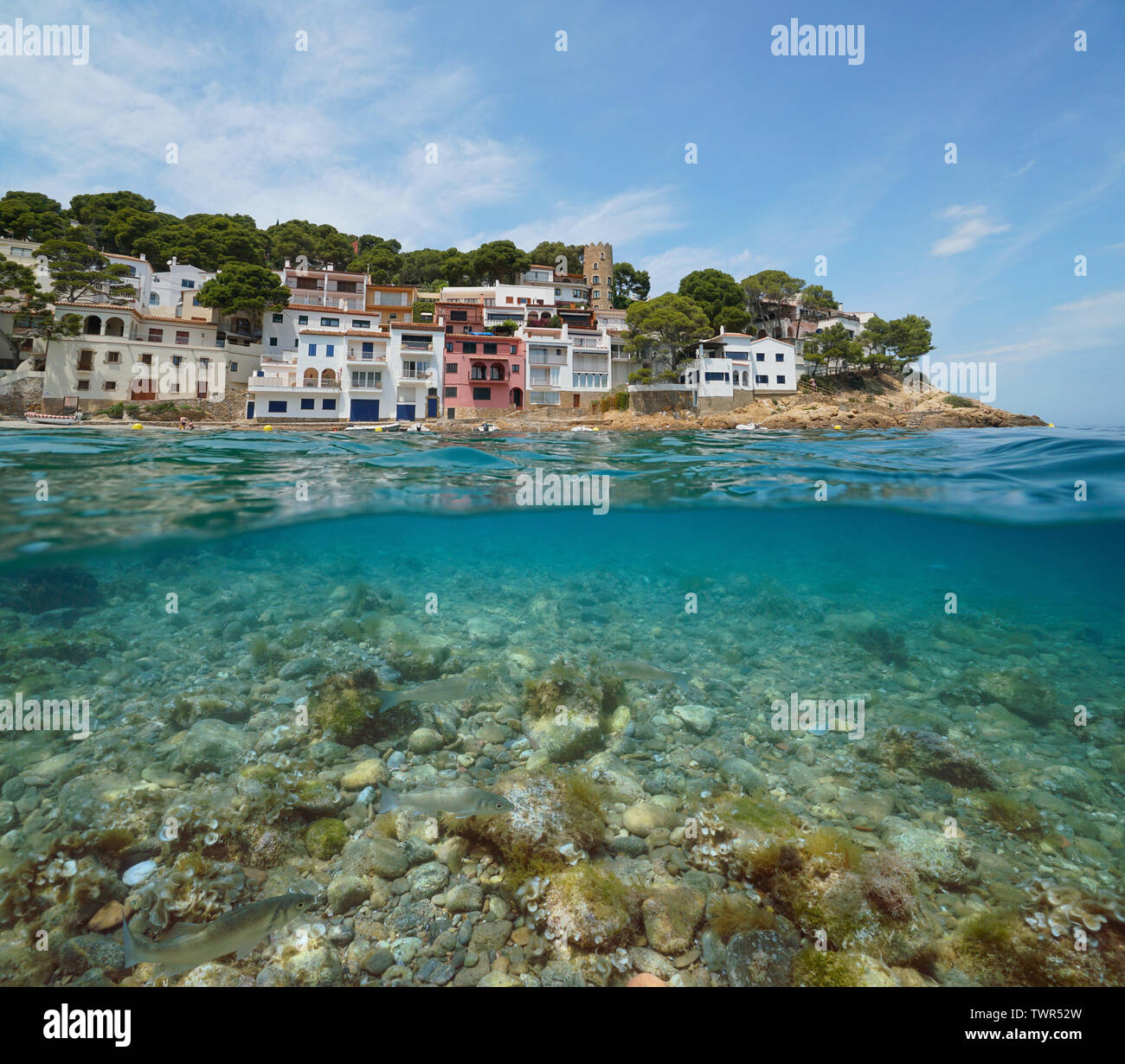 Coastline of Mediterranean village on Costa Brava in Spain with sea bass fish and rocks underwater, Sa Tuna, Begur, Catalonia, over and under water Stock Photo