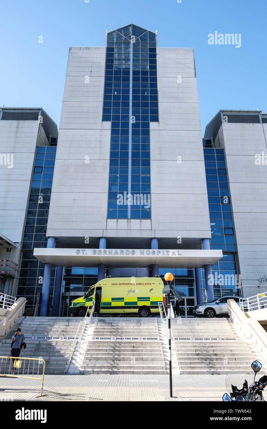 St Bernards Hospital, Gibraltar, with High Dependency Ambulance outside Stock Photo