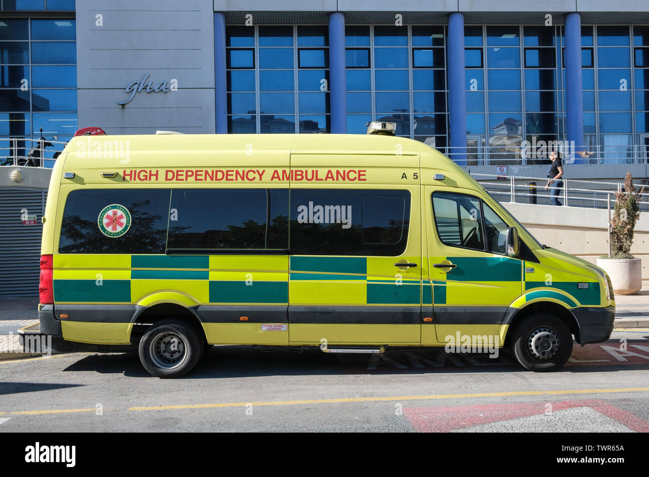 St Bernards Hospital, Gibraltar, with High Dependency ambulance outside Stock Photo