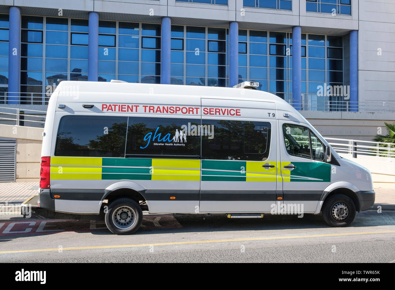 St Bernards Hospital, Gibraltar, with Patient Transport Service ambulance outside Stock Photo