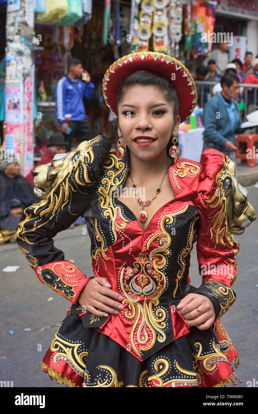 Costumed dancer at the colorful Gran Poder Festival, La Paz, Bolivia Stock Photo