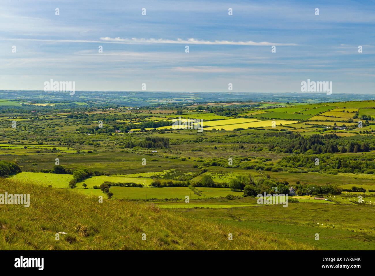 The view across Pembrokeshire countryside and farmland from Carn Menyn in the Preseli Hills on a sunny summer day in June Stock Photo